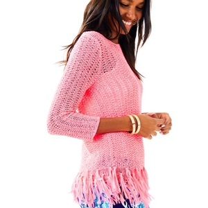 Lily Pulitzer mesh sweater with pink fringes.